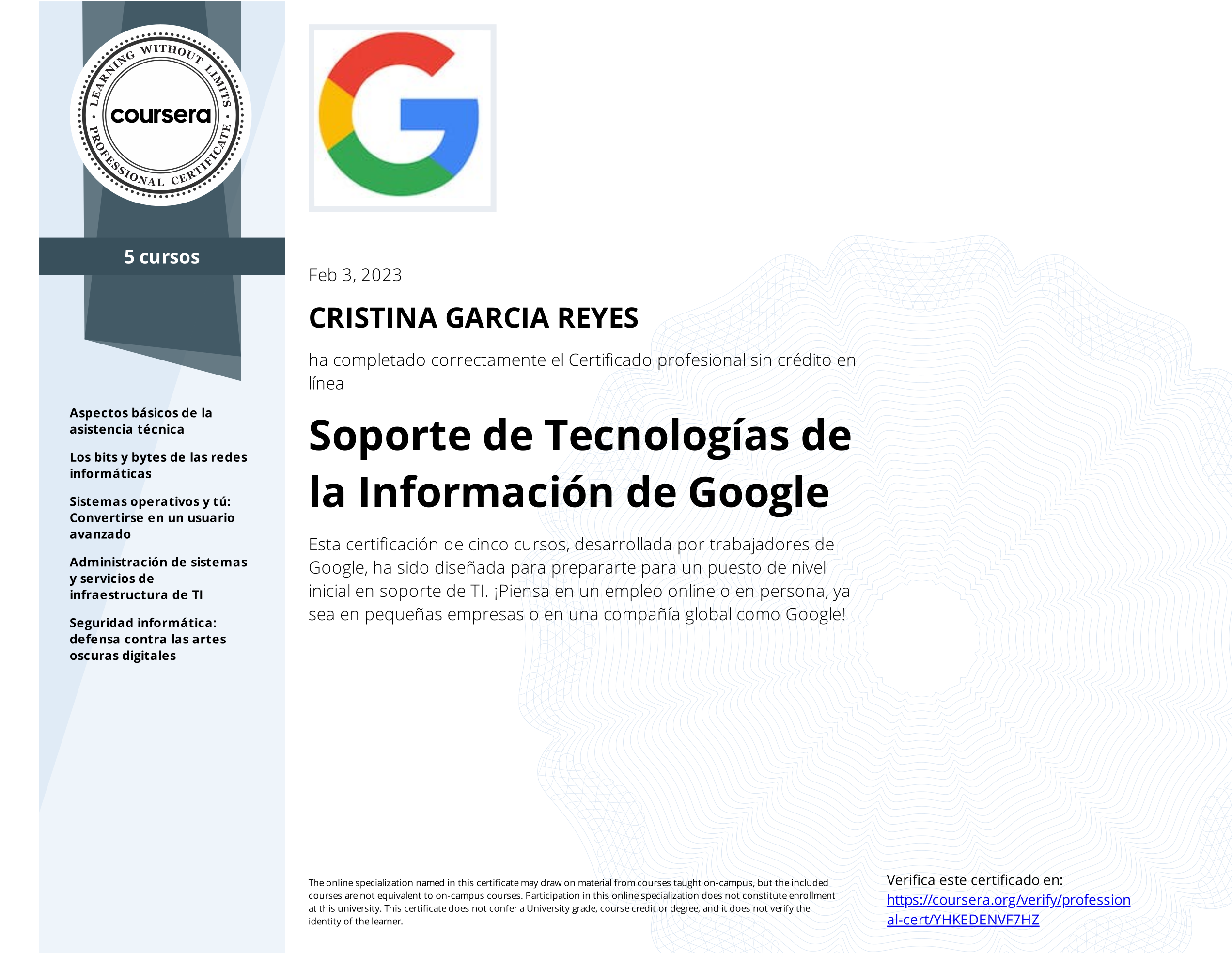 Vista del certificado soporte de Tecnologías de la Información