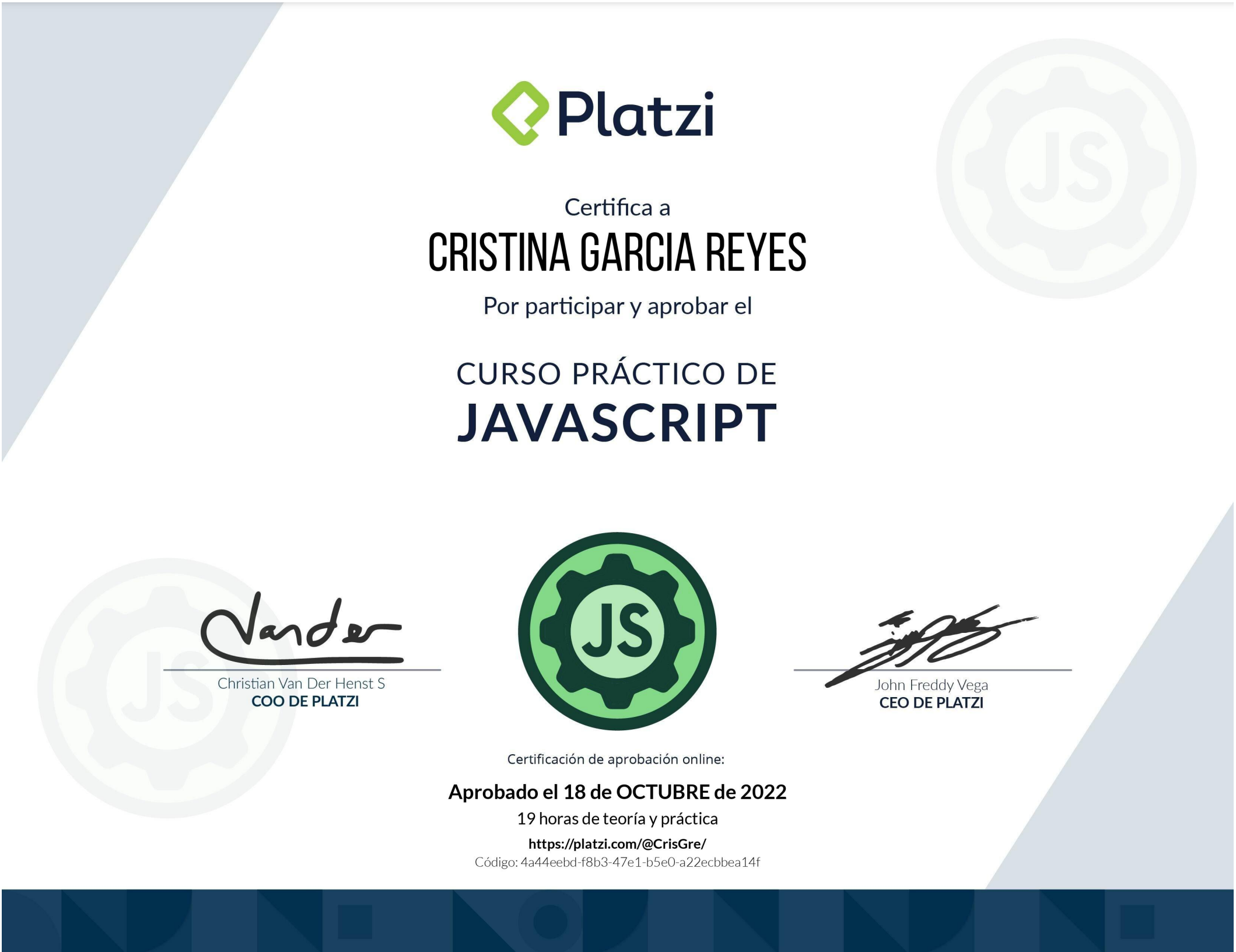 Vista del certificado curso practico de javascript