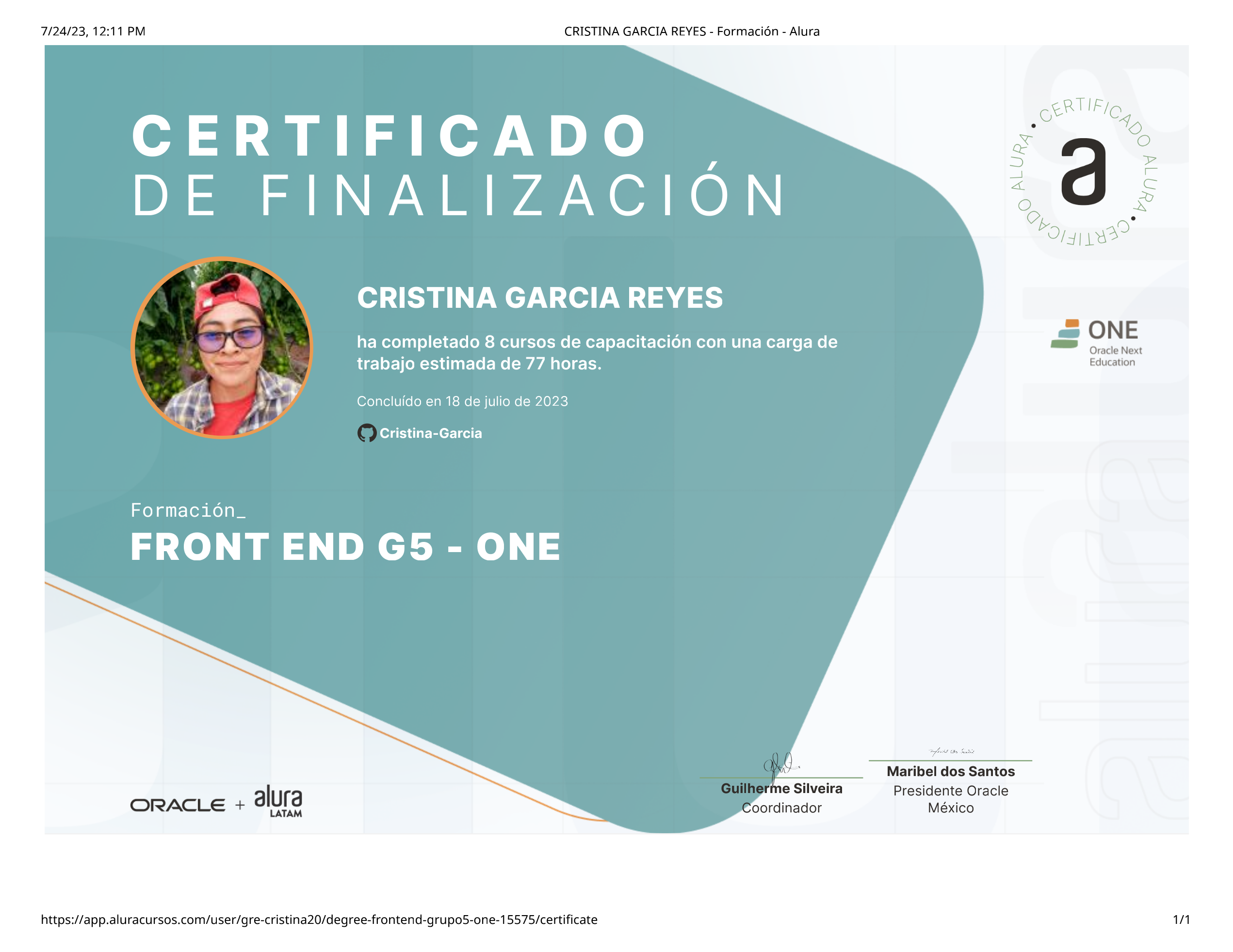 Vista del certificado Front-end