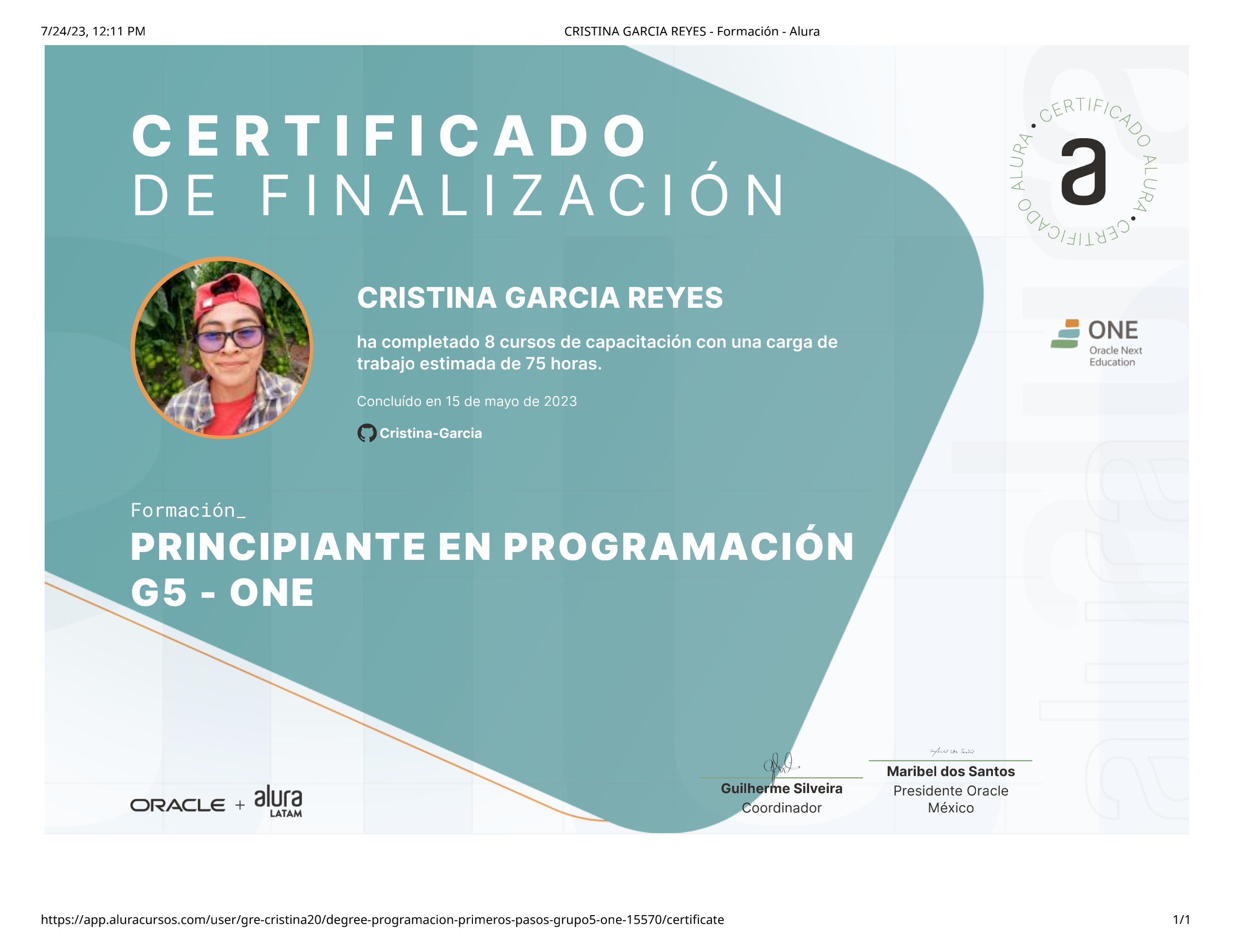 Vista del certificado Principiante en programación